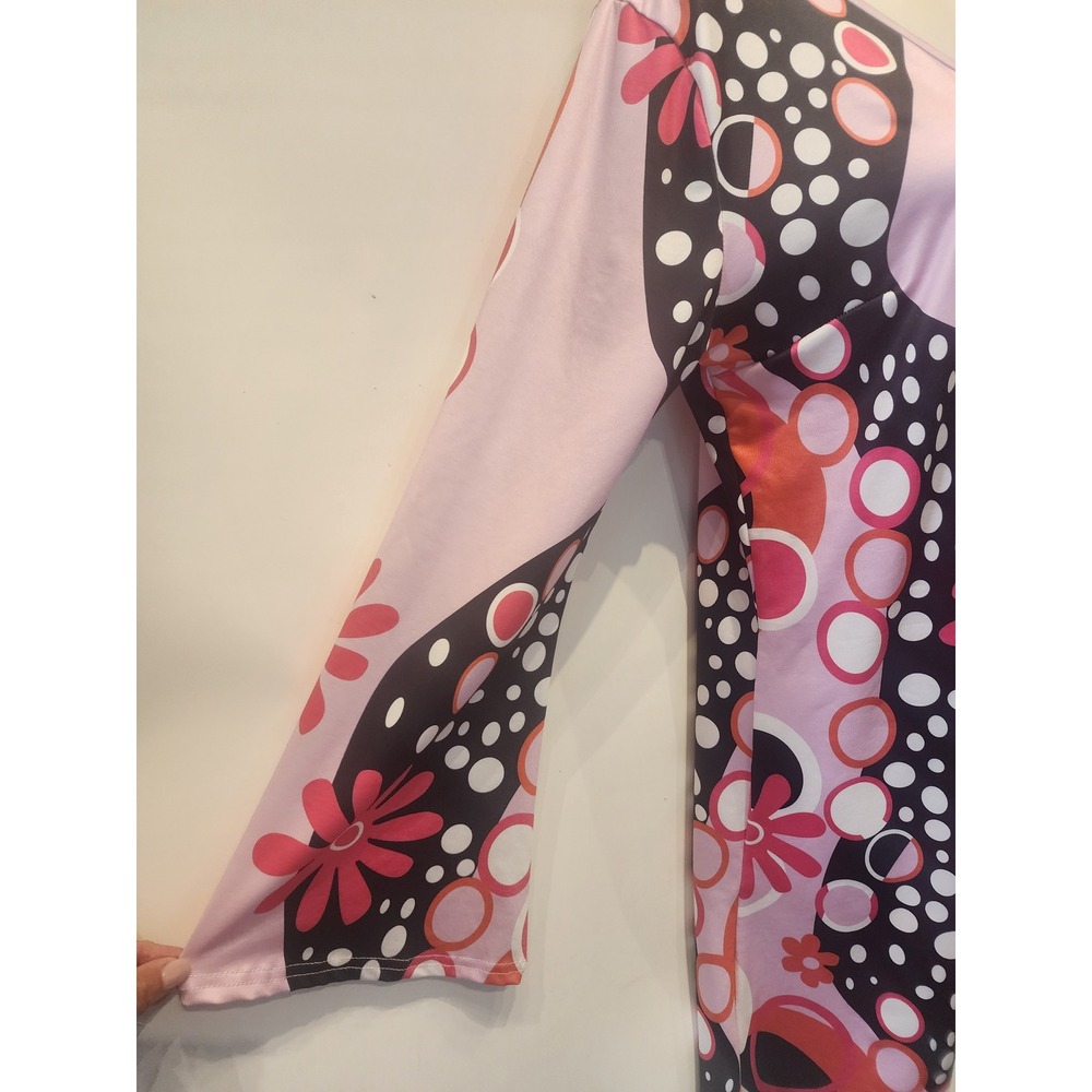 Women's Dress Pink Floral Bell Sleeve Mod Retro 70s Style Large - Picture 4 of 8